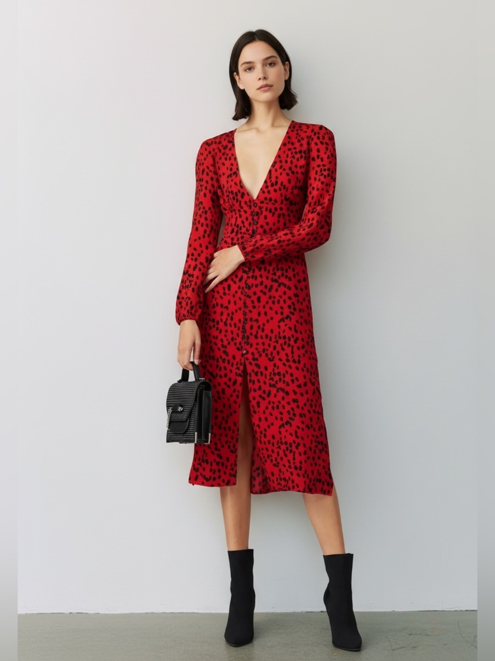 CAARA Red Cheetah Animal Print Button Down Long Sleeve Dress